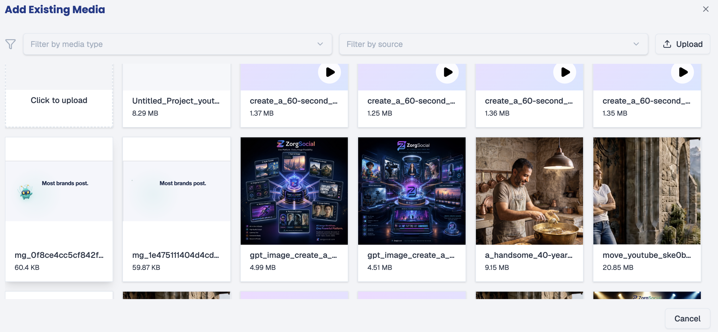Add Existing Media — Media Library panel for selecting previously generated assets